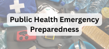 Emergency preparedness supplies including a first aid kit, flashlight, radio, and bottled water, with the text "Public Health Em