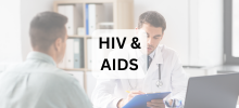 Healthcare provider reviewing documents with a patient in a clinical setting, with the text "HIV & AIDS" displayed. 