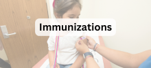 Child receiving an immunization from a healthcare provider while a caregiver stands nearby, with the text "Immunizations" displa