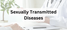 Healthcare provider consulting with a patient at a desk in a clinical setting, with the text "Sexually Transmitted Diseases" dis