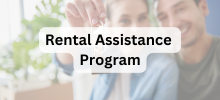 Two people smiling and holding up a key together, with the text "Rental Assistance Program" displayed. 