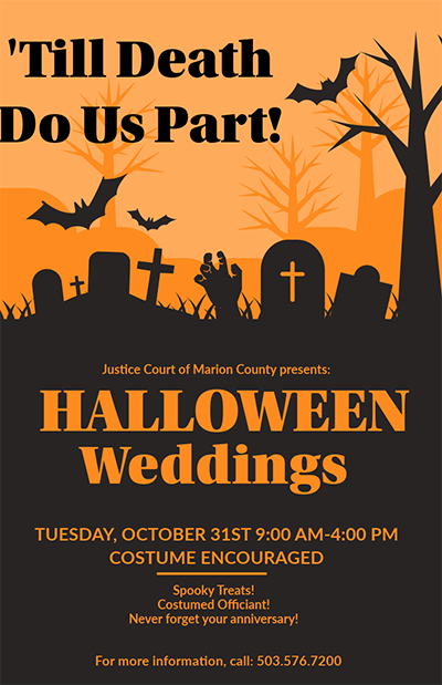 Till Death Do Us Part Halloween Weddings tuesday, Octtober 31st 9:00 AM - 4:00 PM