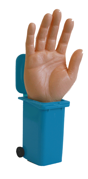 A hand waving inside of a recycling roll-cart. 