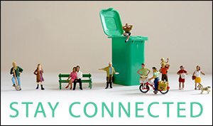 Stay Connected little figures by tiny compost bin