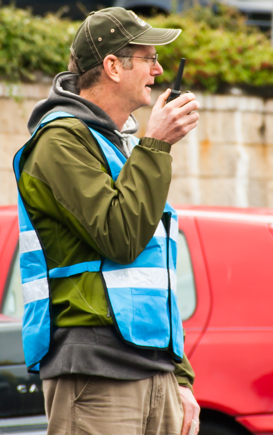 Medical Reserve Corps member talking on two-way radio