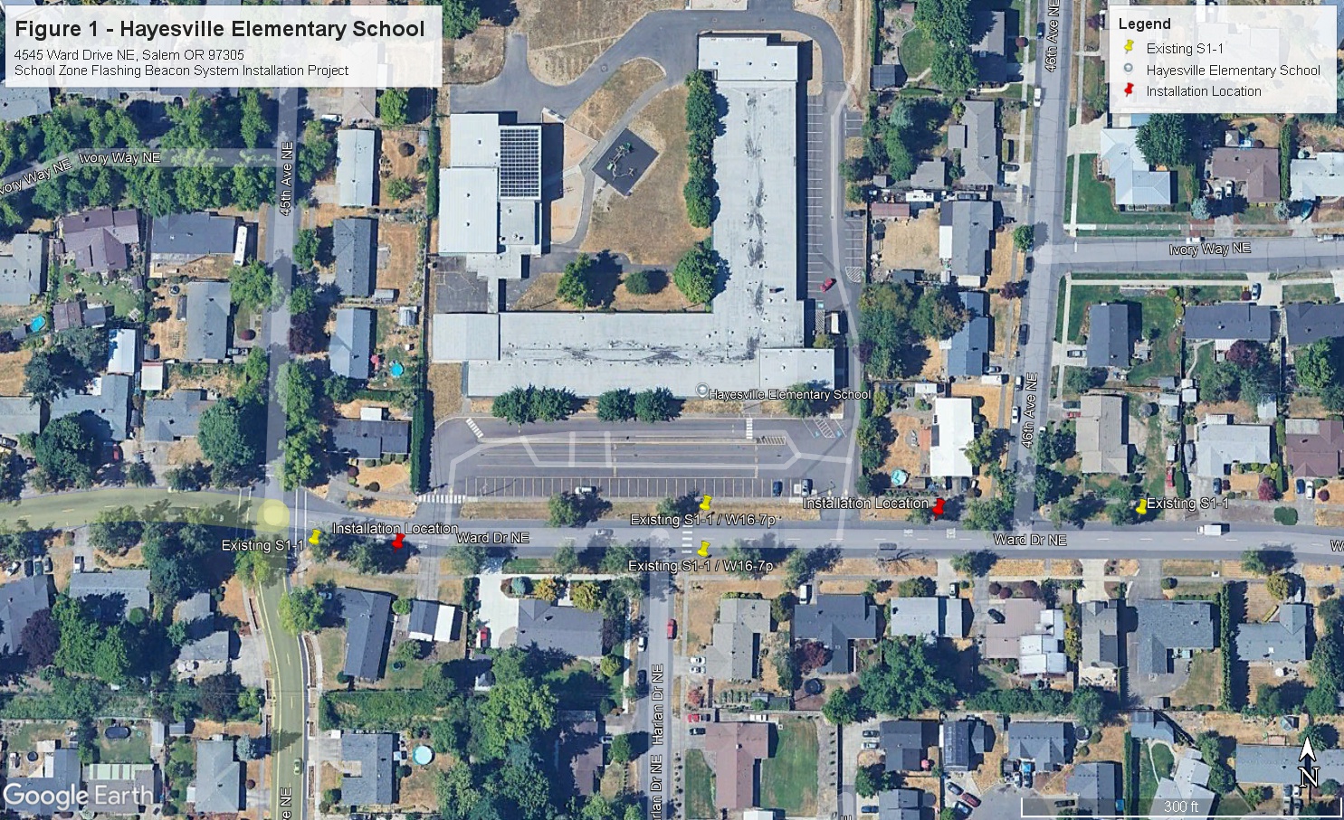 Picture showing the location of the existing signs in yellow and the new flasher locations in red.