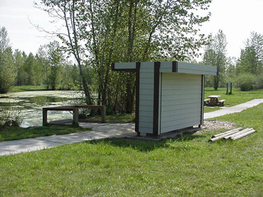 shelter, path, and pond