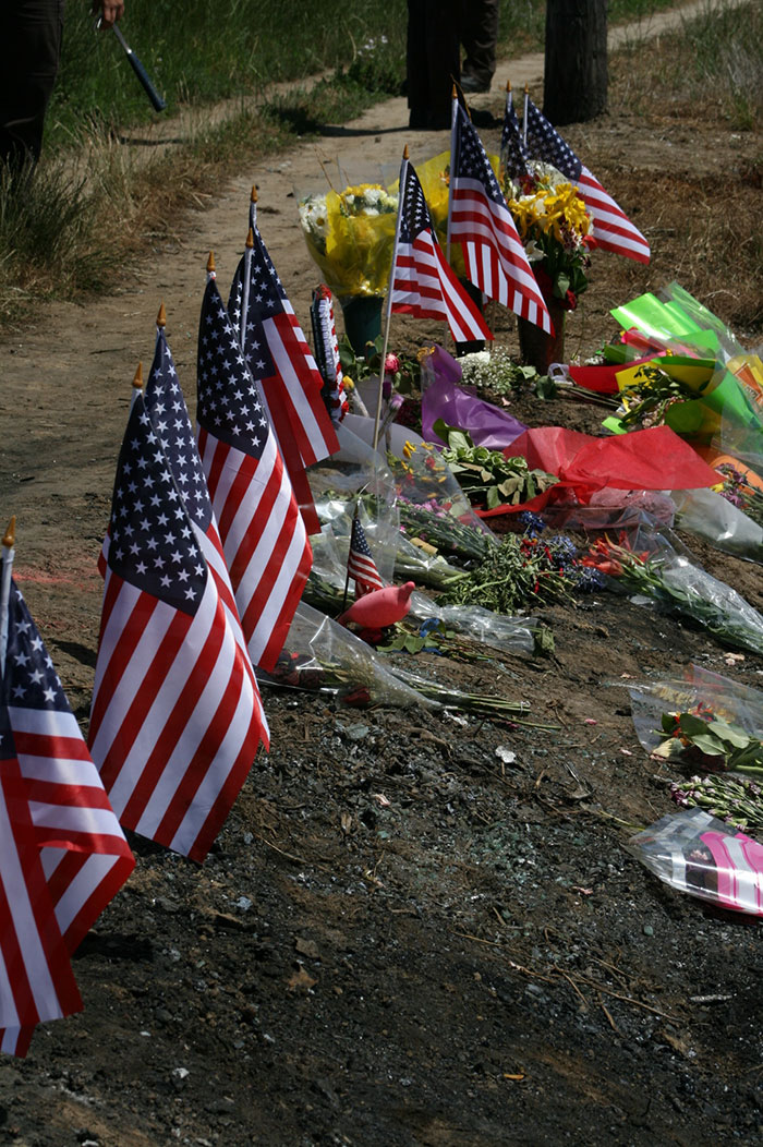 American flags and flowers