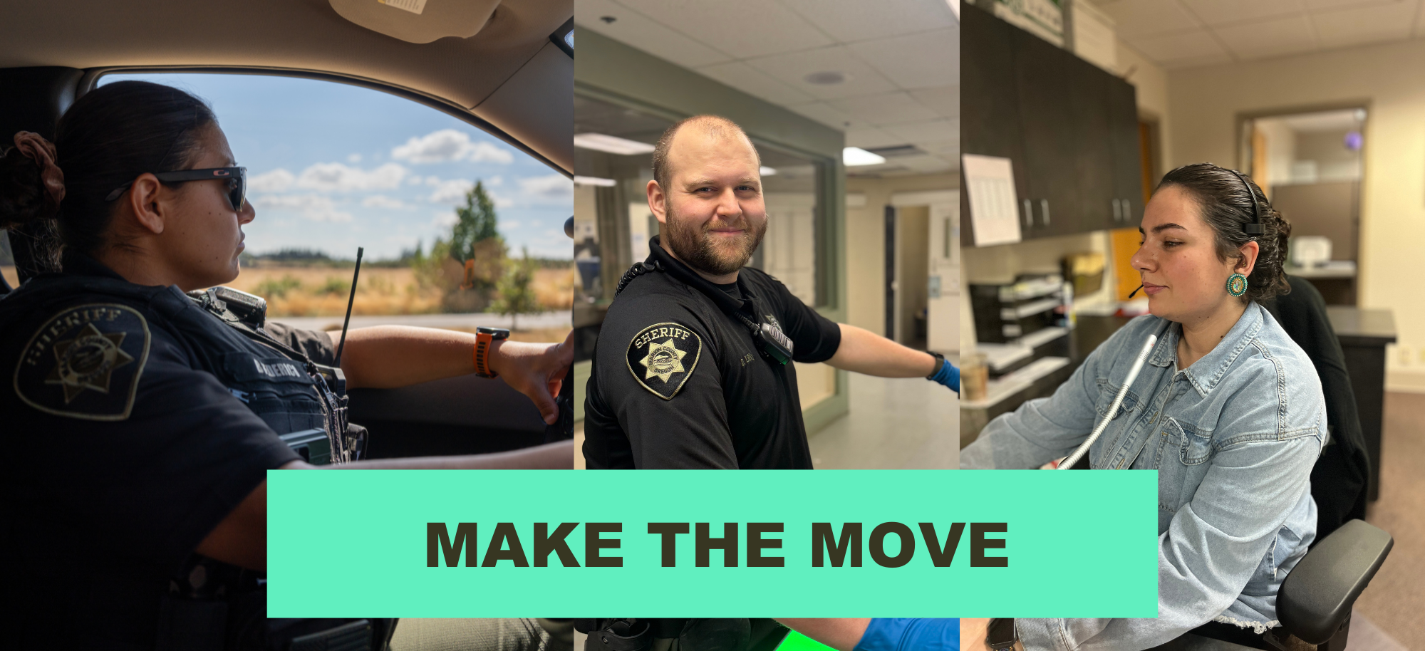 female deputy driving a patrol car, male deputy working in the jail, female receptionist working the front.
